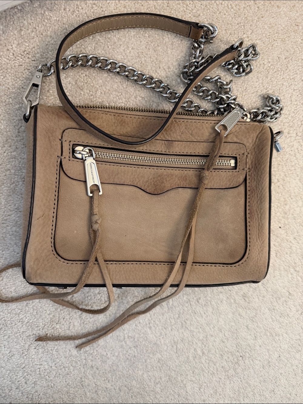 Rebecca Minkoff Leather Crossbody Bag in Taupe with Chain Strap